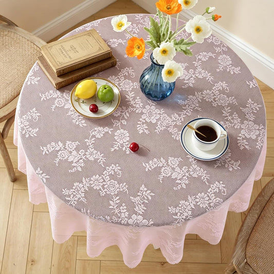 Lace Round tablecloths Vintage Country-Style tablecloths Elegant lace tablecloths for Afternoon Tea Wedding Party Baby Shower Birthday Home Decor Holiday Decorations (Pink, 86in（Round)