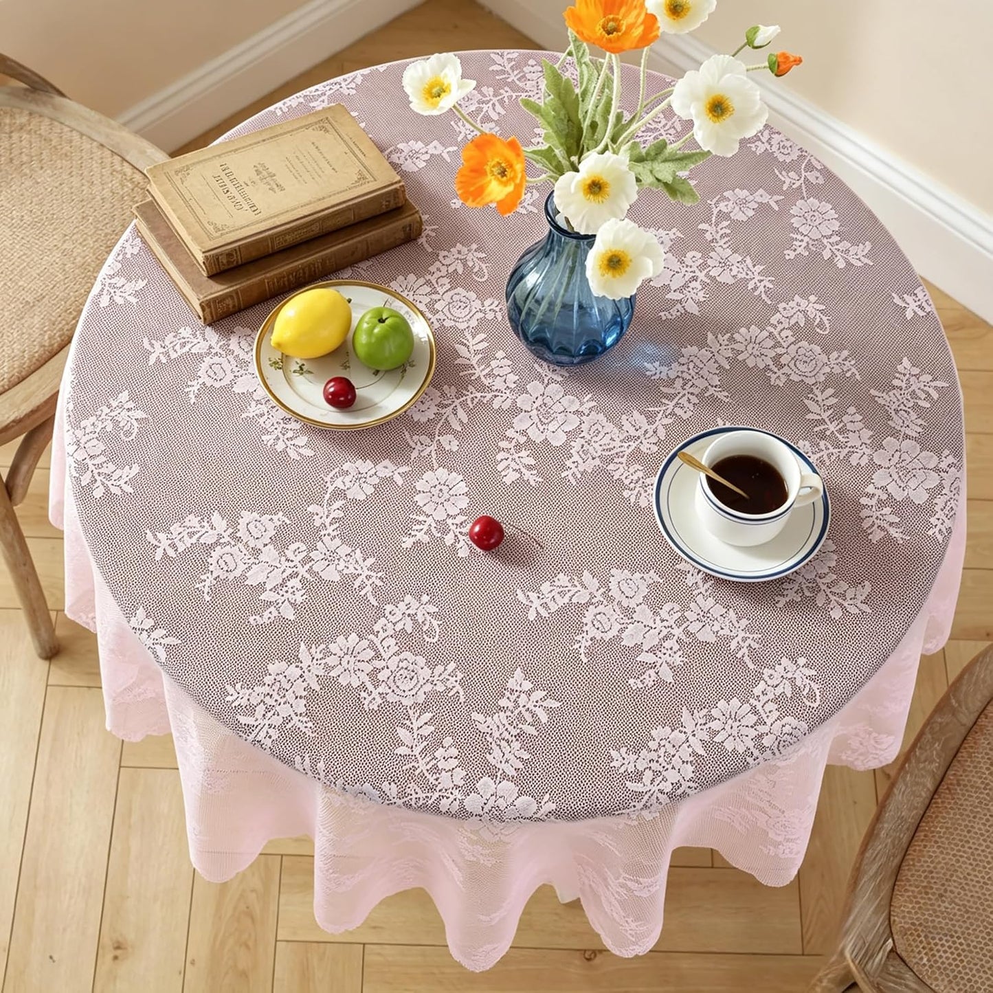 Round Tablecloth Rustic Tablecloth or as Elegant Lace Table Cloth (Pink, 70in（Round)