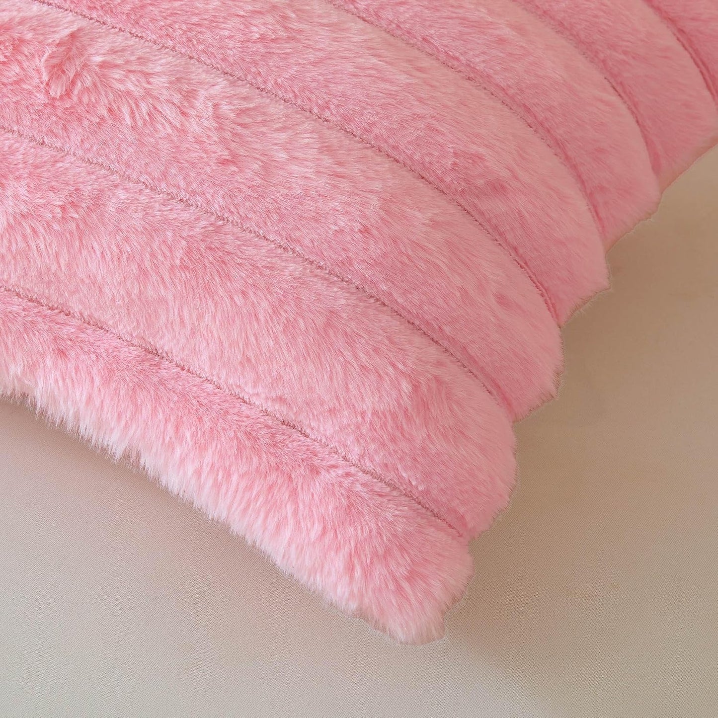 MEGO Pack of 2 Fluffy Faux Rabbit Fur Pillowcases, Soft Striped Plush Fuzzy Bed Pillow Cases 20x26 with Zipper, Home Decor Shaggy Furry Ribbed Long Pillow Covers for Adults Kids Girls, Standard, Pink