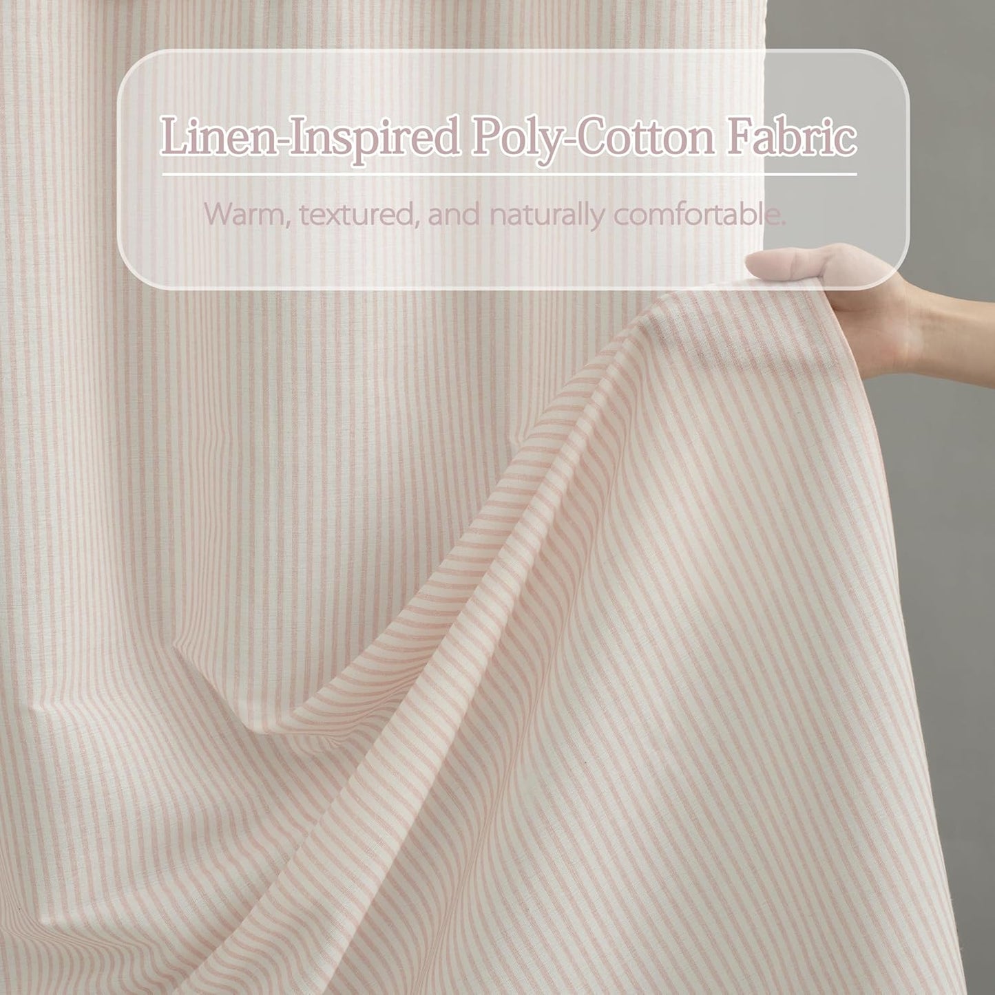 Homechoice Decor Fabric Shower Curtain 72 x 72 Inch, Minimal Pink Stripe Bathroom Curtain, Linen-Look Poly-Cotton Blend with Decorative Coconut Buttons, Warm, Cozy Accent with a Gentle Touch (LQ-45)