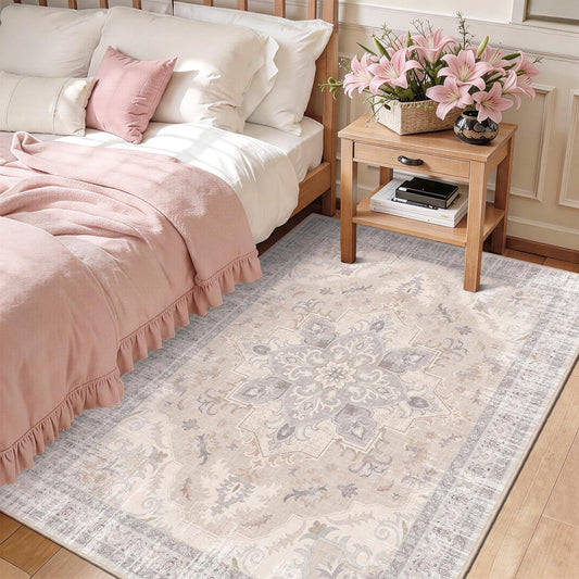 4x6 Bedroom Rug, Soft Non-Slip Vintage Medallion Rug, Low-Pile Printed Indoor 4x6 Washable Area Rugs for Living Room, Bedroom Bedside -Light Blush/Cream