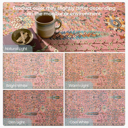 Kokia Boho Vintage Floral Botanical 8x10 Washable Rugs, Soft Non-Slip Rosette Pink Rugs for Girls Bedroom, Nursery, Living Room, Kids Playroom, Office
