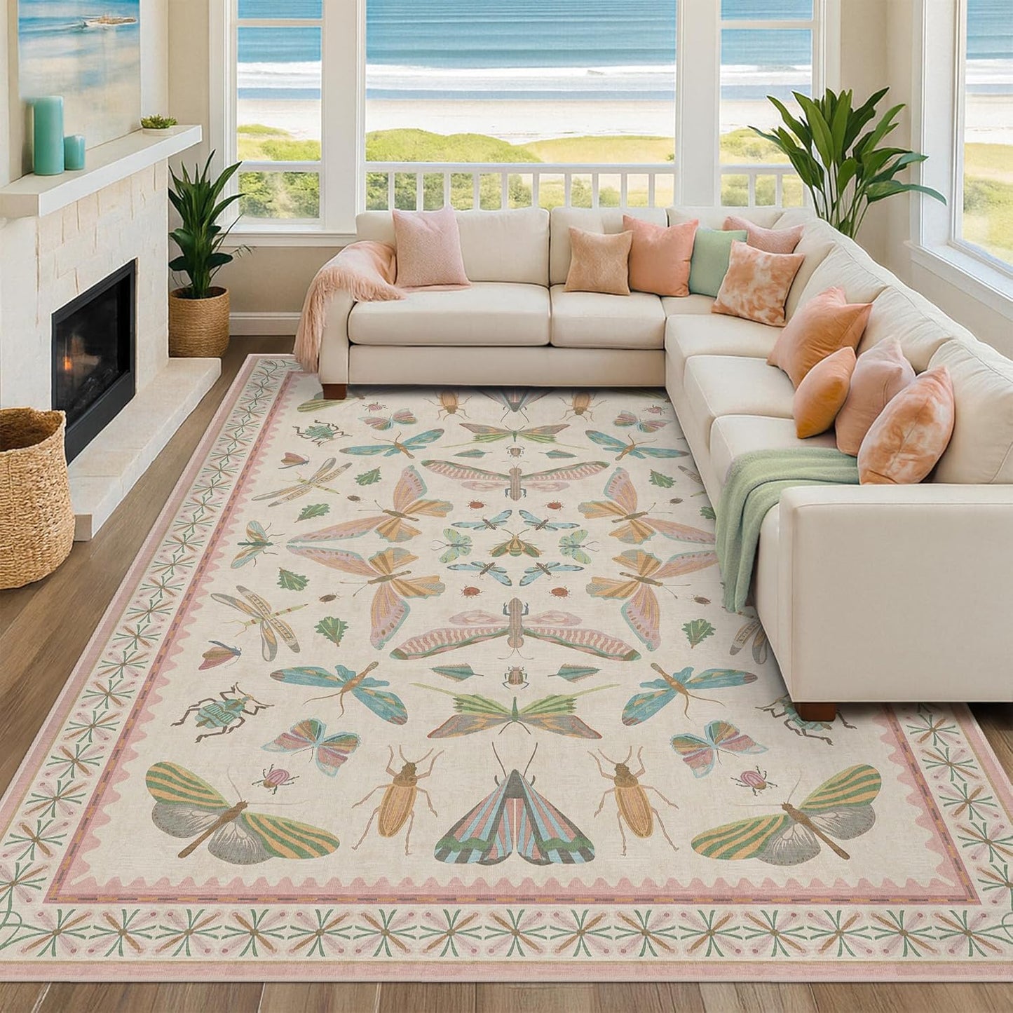 Hazo Haus Cute Rugs for Bedroom Girls - Pink Living Room Rugs 8X10, Dining Room Table, Washable Pastel Flower Insect Print Whimsical Décor
