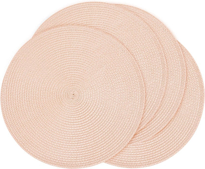 Feuille Round Braided Placemats Set of 4 14 Inch Dusty Pink Woven Placemats for Dining Table Washable Non-Slip Table Mats for Kitchen Farmhouse and Indoor Outdoor Dining