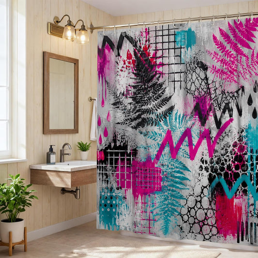 Fern Shower Curtain, Modern Abstract Zigzag Pattern Grid Summer Peach Polyester Waterproof Clawfoot Tub Shower Curtains for Bathroom Toile Guest Room Decor 72x78 Inch