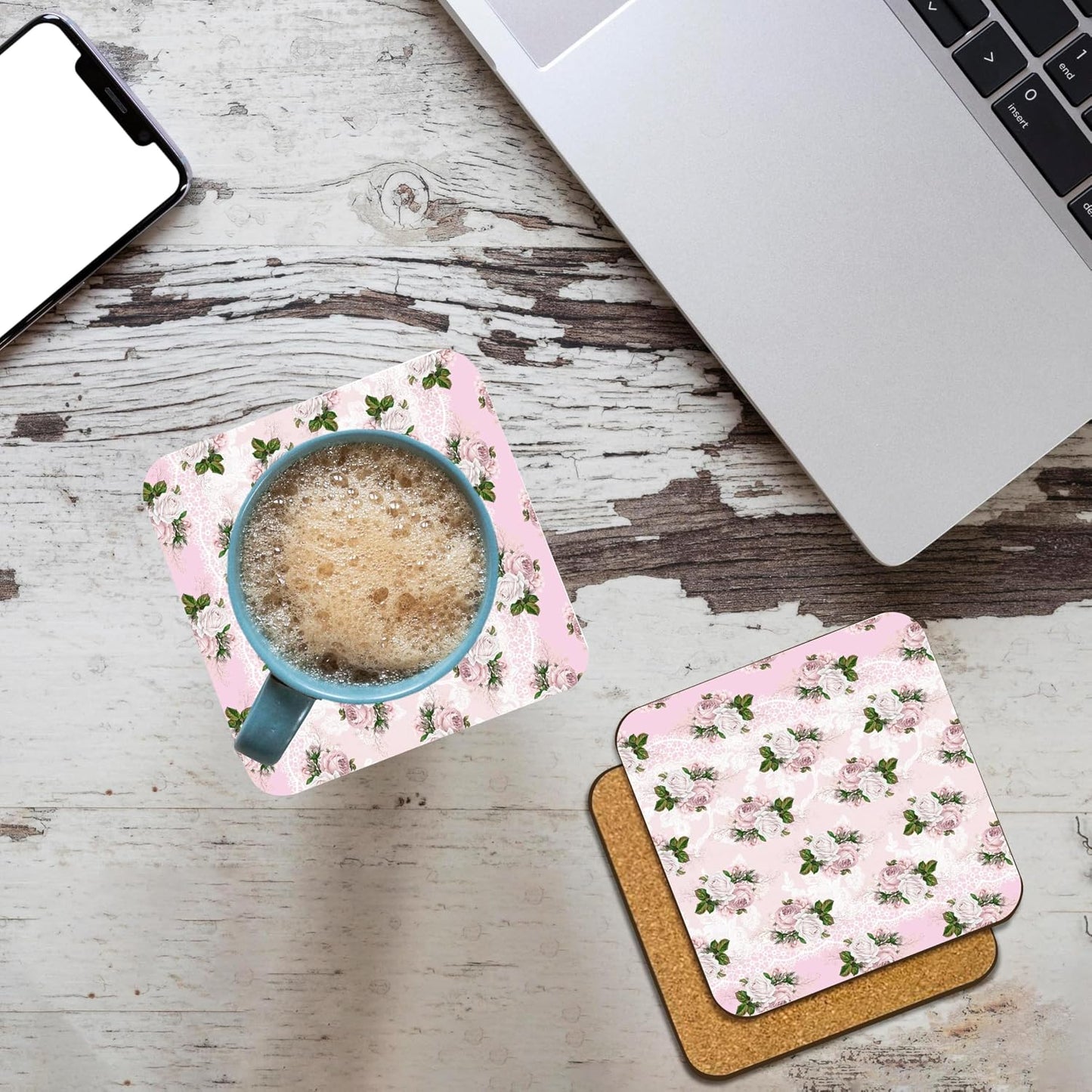 3dRose Pretty Light Pink Floral and Image of White Lace Pattern Set of 8 Coasters - Cork