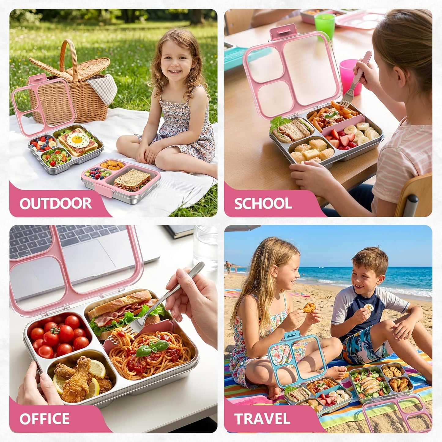 Stainless Steel Bento Lunch Box, 34oz/1000ml Leak Proof Metal Container, Lightweight 3mm Ultra-Narrow Bezel with Tritan Lid for Kids & Adults, 3-Compartment, BPA/BPS Free, Dishwasher Safe, Pink