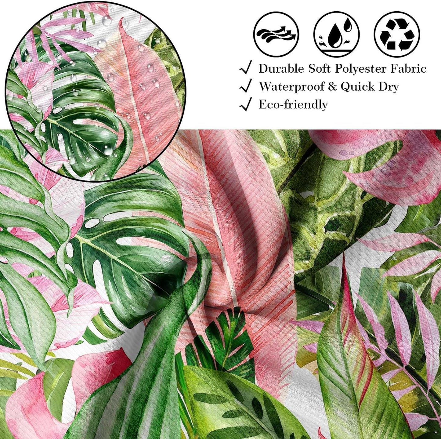 Pink and Green Tropical Palm Leaf Shower Curtain Monstera Leaves Jungle Plant Shower Curtains for Bathroom Decor, Waterproof Cloth Fabric with Hooks 70 X 72 Inch