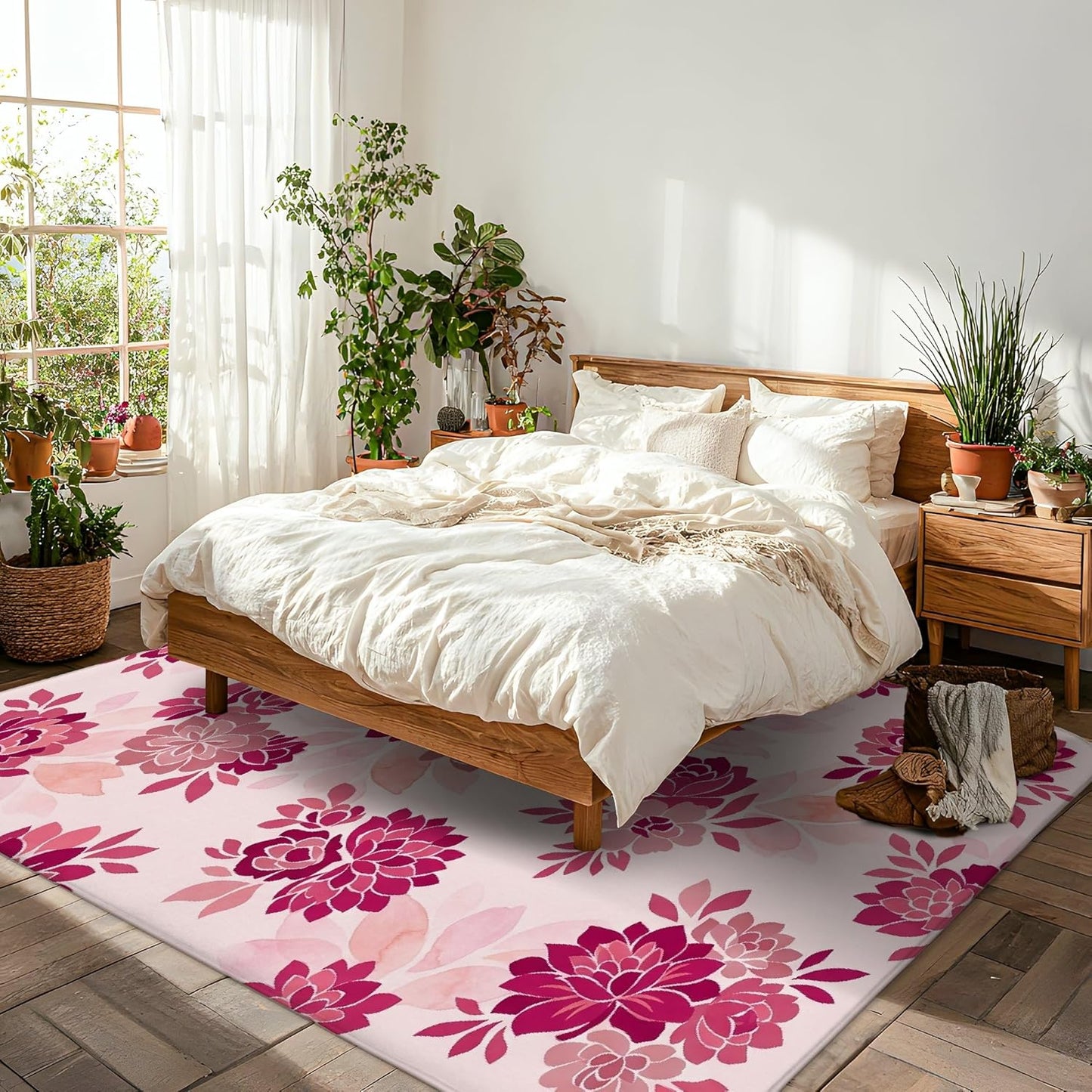 Flower Area Rug, Floral Modern Leaf Petal Spring Peach Low Pile Sponge Aesthetic Rectangle Home Floor Carpet Rugs for Living Room Bedroom Under Table Dining Decor 5' X 7'