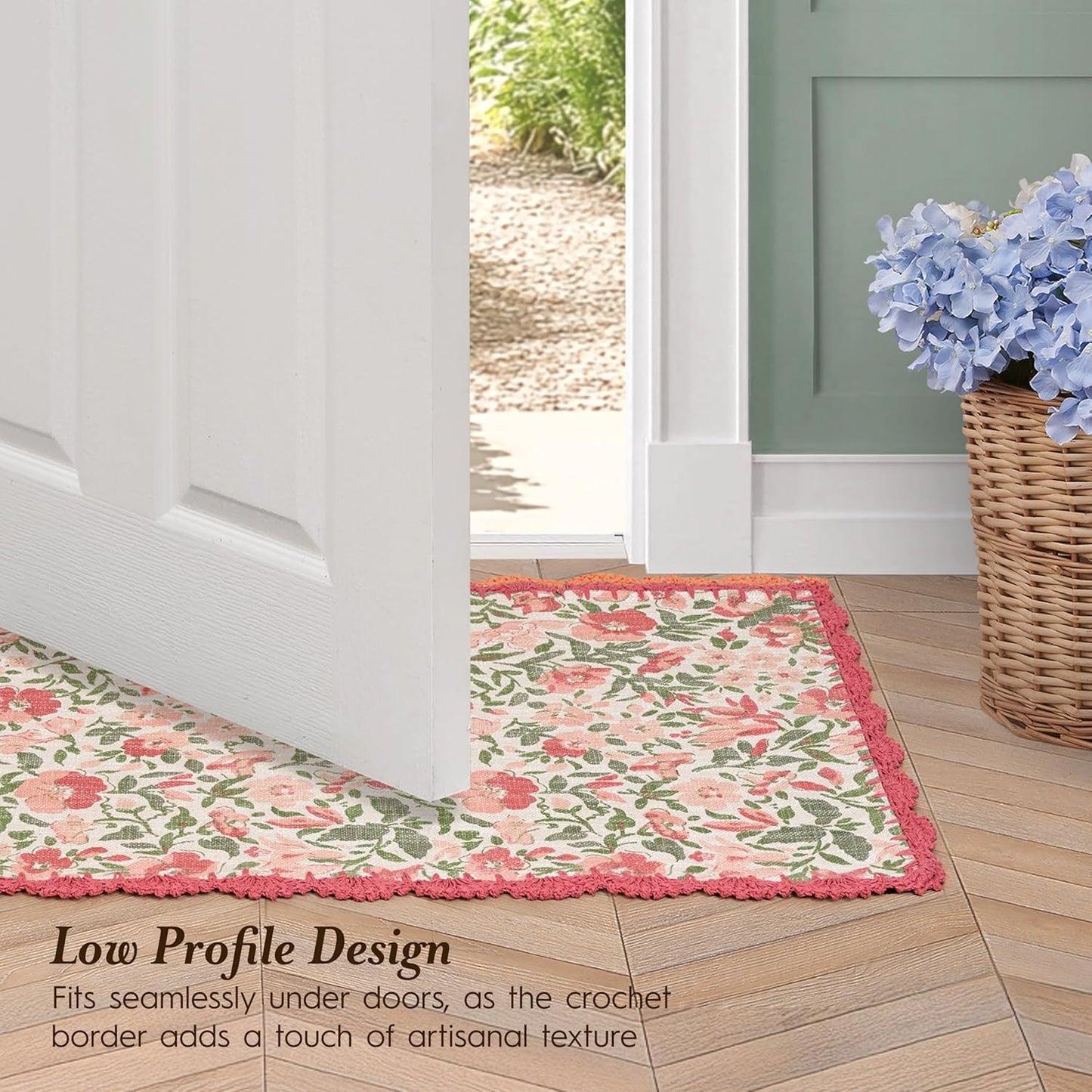 Laura Ashley Cotton Crochet Border Sherston Coral Pink Floral Machine Washable & Slip Resistant 26" x 45" Accent Rug