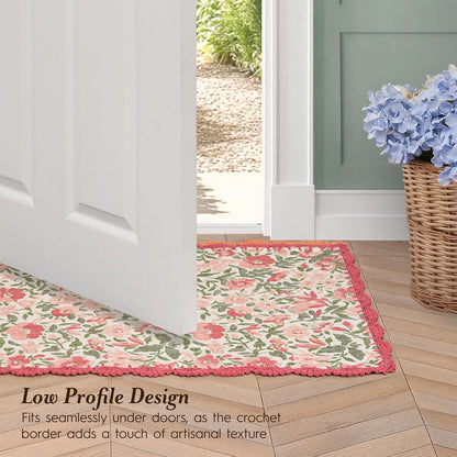 Laura Ashley Cotton Crochet Border Sherston Coral Pink Floral Machine Washable & Slip Resistant 26" x 45" Accent Rug