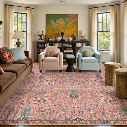 Kokia Boho Vintage Floral Botanical 8x10 Washable Rugs, Soft Non-Slip Rosette Pink Rugs for Girls Bedroom, Nursery, Living Room, Kids Playroom, Office