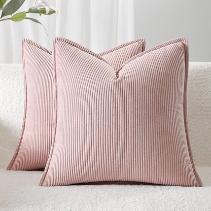 Corduroy Throw Pillow Covers 18x18 Set of 2 – Boho Decorative Pillow Covers for Couch, Sofa, Bed – Soft Square Cushion Covers for Living Room Decor (No Insert) Light Pink