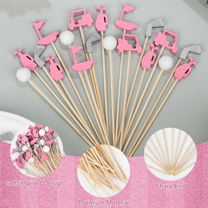 Aodaer 200 Pieces Golf Cocktail Picks for Appetizers 4.7 Inch Golf Themed Decorative End Fruit Toothpicks Skewers Bamboo Cocktail Picks for Sports Catered Events Buffet Party Supplies, Pink