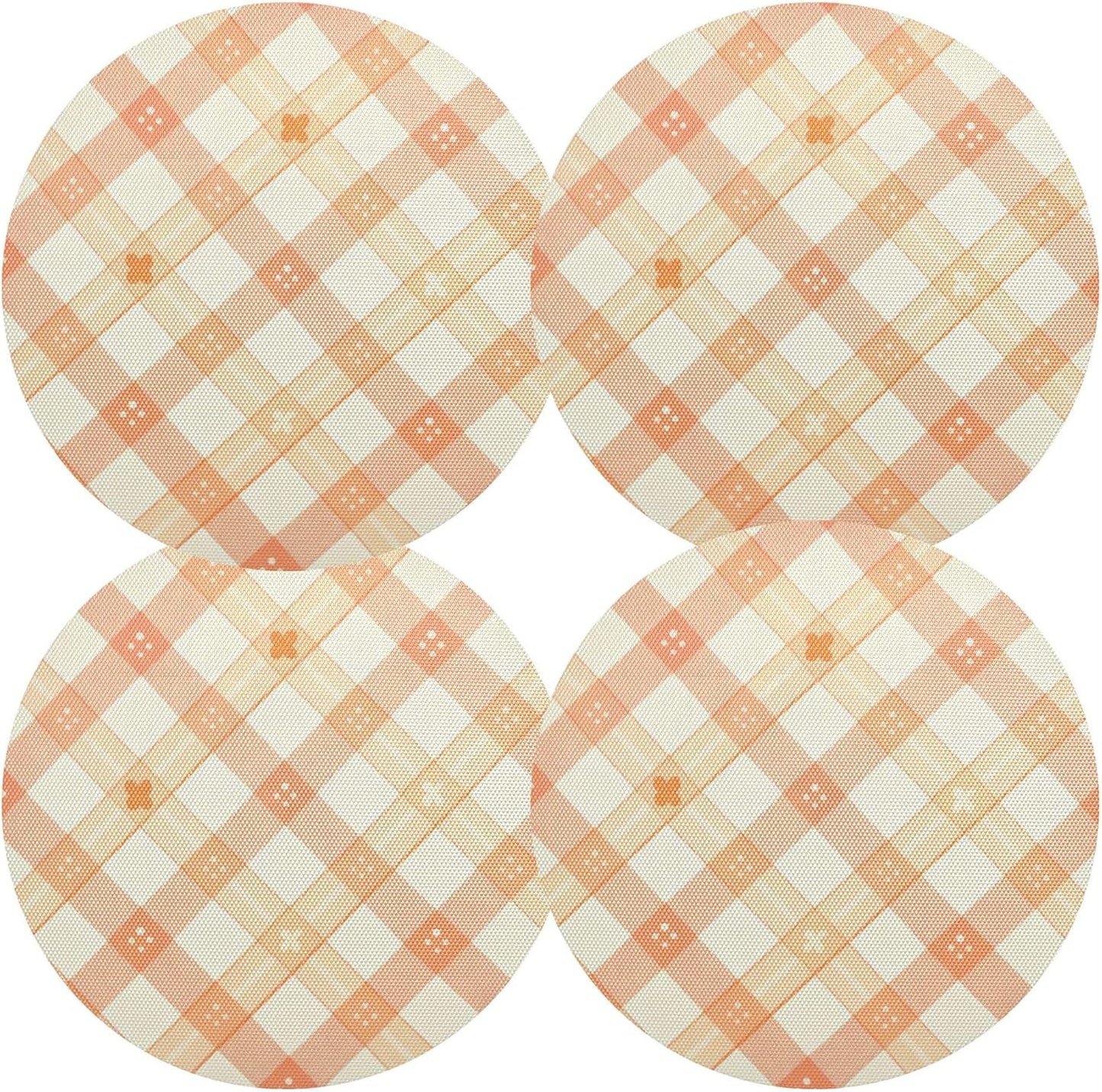 Peach Plaid with Flowers Pattern PVC Non-Slip Heat Resistant Place mats Washable Round Dining Table mats Set, 1 Pack