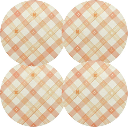 Peach Plaid with Flowers Pattern PVC Non-Slip Heat Resistant Place mats Washable Round Dining Table mats Set, 1 Pack