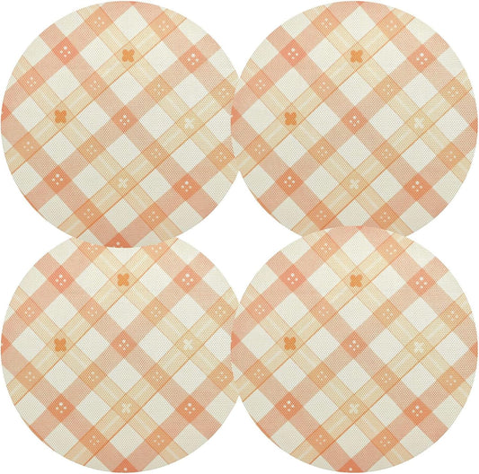 Peach Plaid with Flowers Pattern PVC Non-Slip Heat Resistant Place mats Washable Round Dining Table mats Set, 1 Pack