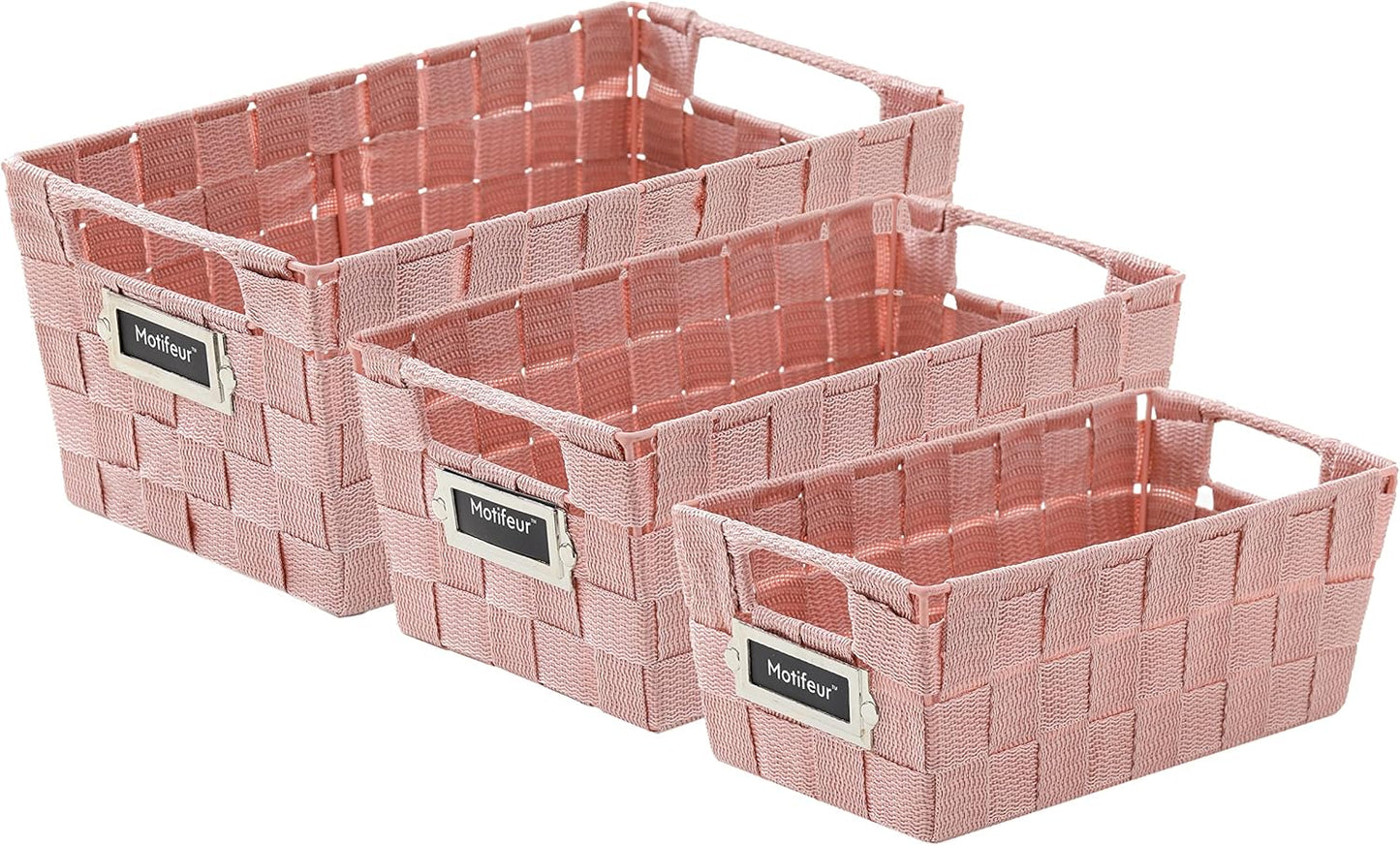 Decorative Woven Strap Set of 3 Nesting Baskets with Cutout Handles and Labels, Bathroom Countertop Storage Bins, Handmade Organization Containers for Home Shelves, Closets and Pantry (Pink)