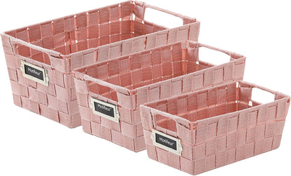 Decorative Woven Strap Set of 3 Nesting Baskets with Cutout Handles and Labels, Bathroom Countertop Storage Bins, Handmade Organization Containers for Home Shelves, Closets and Pantry (Pink)