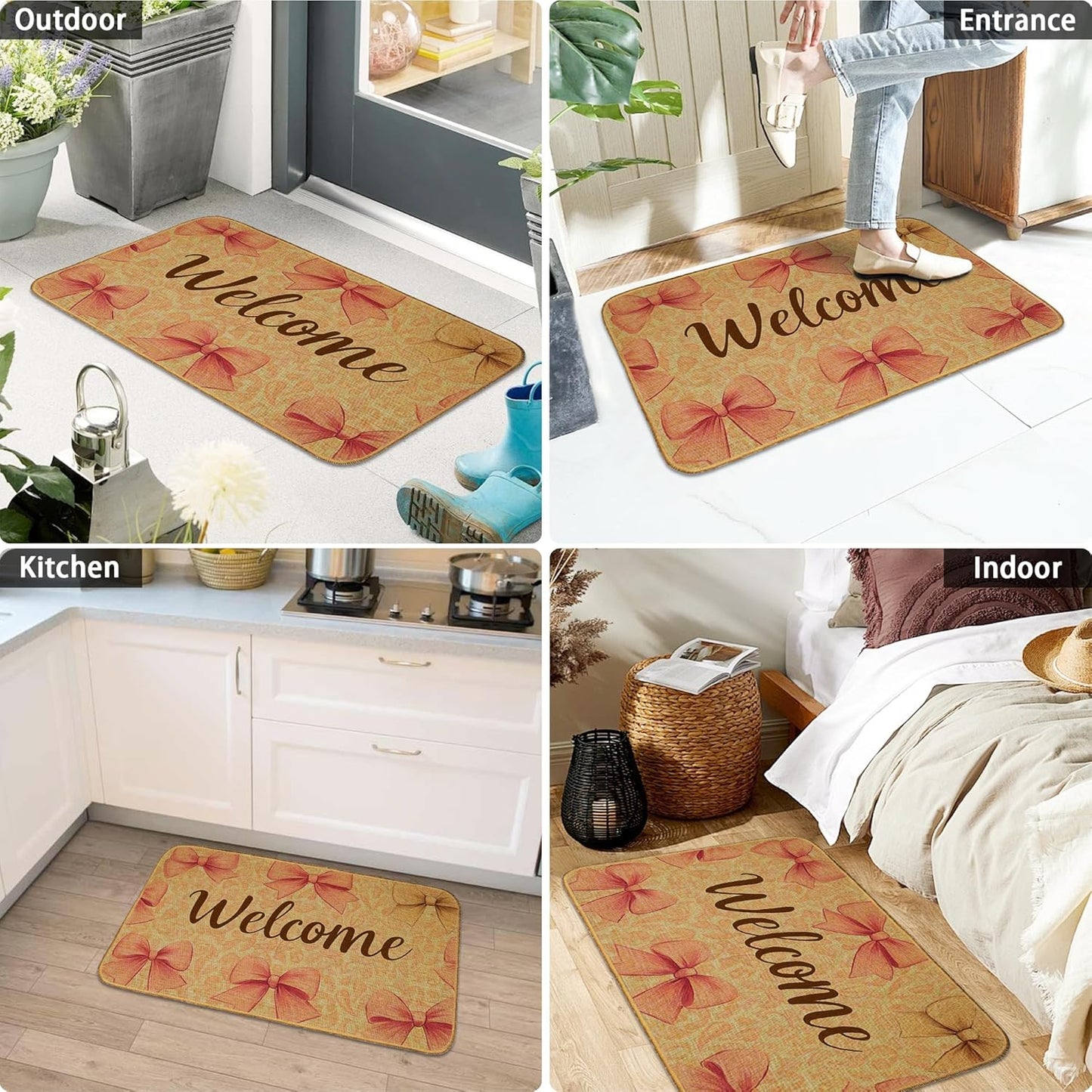 Pink Bow Indoor Outdoor Door Mat,Welcome Cute Bow Front Floor Mat Non-Slip Absorbent Low-Profile Washable Inside Entrance,Linen Sturdy Soft Entry Doormat for Entryway