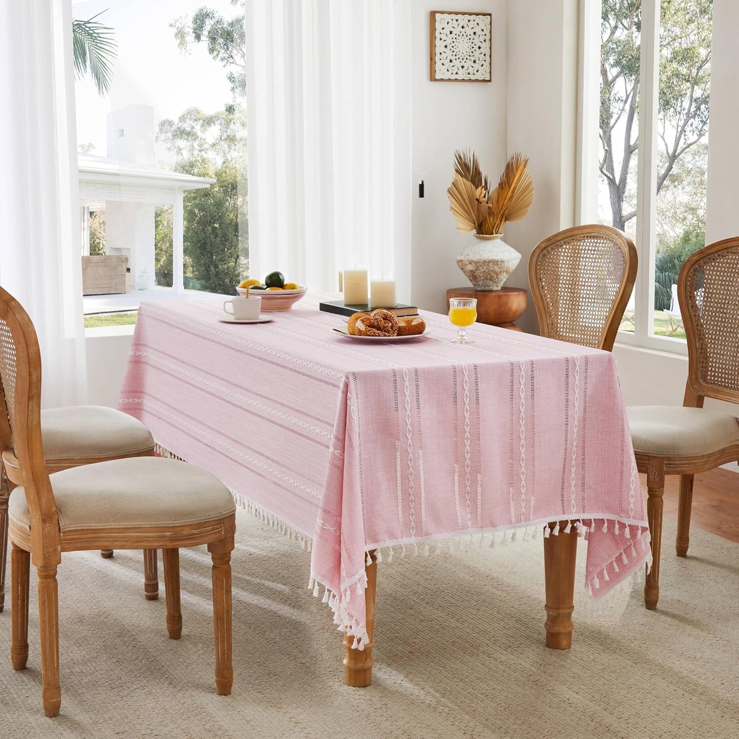 ZeeMart Hemstitched Embroidery Striped Boho Tablecloth 60x84 Inch Pink, Heavy Weight Farmhouse Burlap Linen Pink Tablecloth, Wrinkle Resistant Washable Table Cloth for Rectangle Table