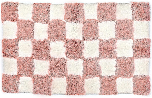 MACKENZIE-CHILDS Checkerboard Bath Rug, Washable Bath Mat for Bathroom Decor, 24" x 40", Pink-and-White Check