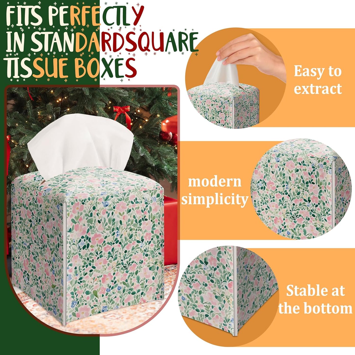 Modern Square Leather Tissue Box Cover/Case Holder Gifts for Women Family and Friends, Decorative Holder/Organizer for Bathroom Kitchen Nightstand Office Home (Pink Pastel Floral)