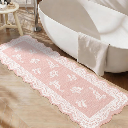 ORTIGIA Pink Scalloped Runner Rug 2x6, Washable Low Pile Non Slip Bathroom Rug with Bow for Hallway Bath Kitchen Bedroom Dorm Living Room Home Indoor Decor