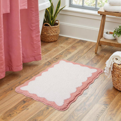 Pink Bathroom Rugs Soft Non Slip Pink Bath Mat Irregular Shaped Scalloped Bath Mat for Preppy Bedroom Decor Aesthetic Luxury Microfiber Machine Washable Funky Cute Rug for Bedroom Tub Shower 16" x 24"