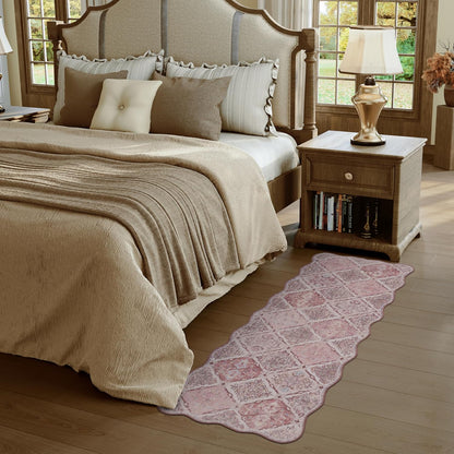 Moroccan 2x6 Runner Rug for Hallways, Unique Scalloped Ultra-Thin Soft Washable Rug, Non-Slip Stain Resistant Lightweight Low-Pile Carpet for Living Room Bedroom Dining Room Office (Pink)