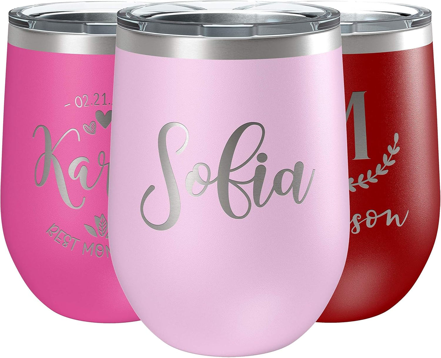 Personalized Wine Tumblers, 12 oz Light Pink, 12 Designs, Stainless Steel Custom Wine Tumblers, Double-Wall, Vacuum Insulated, Personalized Gifts for Women