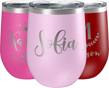 Personalized Wine Tumblers, 12 oz Light Pink, 12 Designs, Stainless Steel Custom Wine Tumblers, Double-Wall, Vacuum Insulated, Personalized Gifts for Women