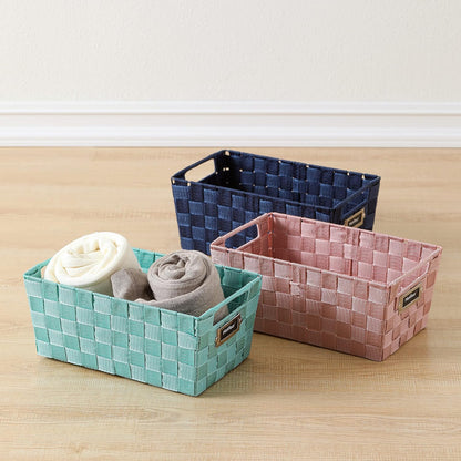 Decorative Woven Strap Set of 3 Nesting Baskets with Cutout Handles and Labels, Bathroom Countertop Storage Bins, Handmade Organization Containers for Home Shelves, Closets and Pantry (Pink)