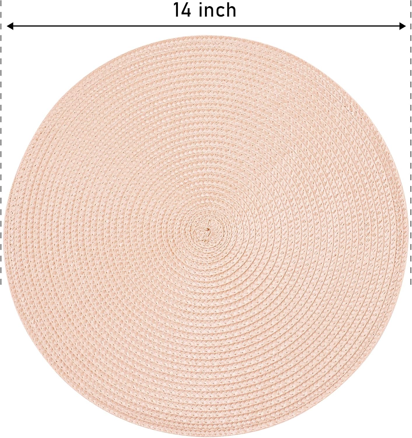 Feuille Round Braided Placemats Set of 4 14 Inch Dusty Pink Woven Placemats for Dining Table Washable Non-Slip Table Mats for Kitchen Farmhouse and Indoor Outdoor Dining