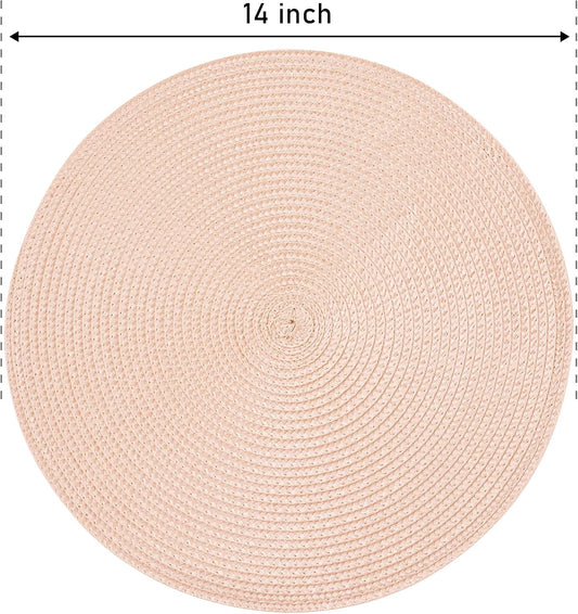 Feuille Round Braided Placemats Set of 4 14 Inch Dusty Pink Woven Placemats for Dining Table Washable Non-Slip Table Mats for Kitchen Farmhouse and Indoor Outdoor Dining