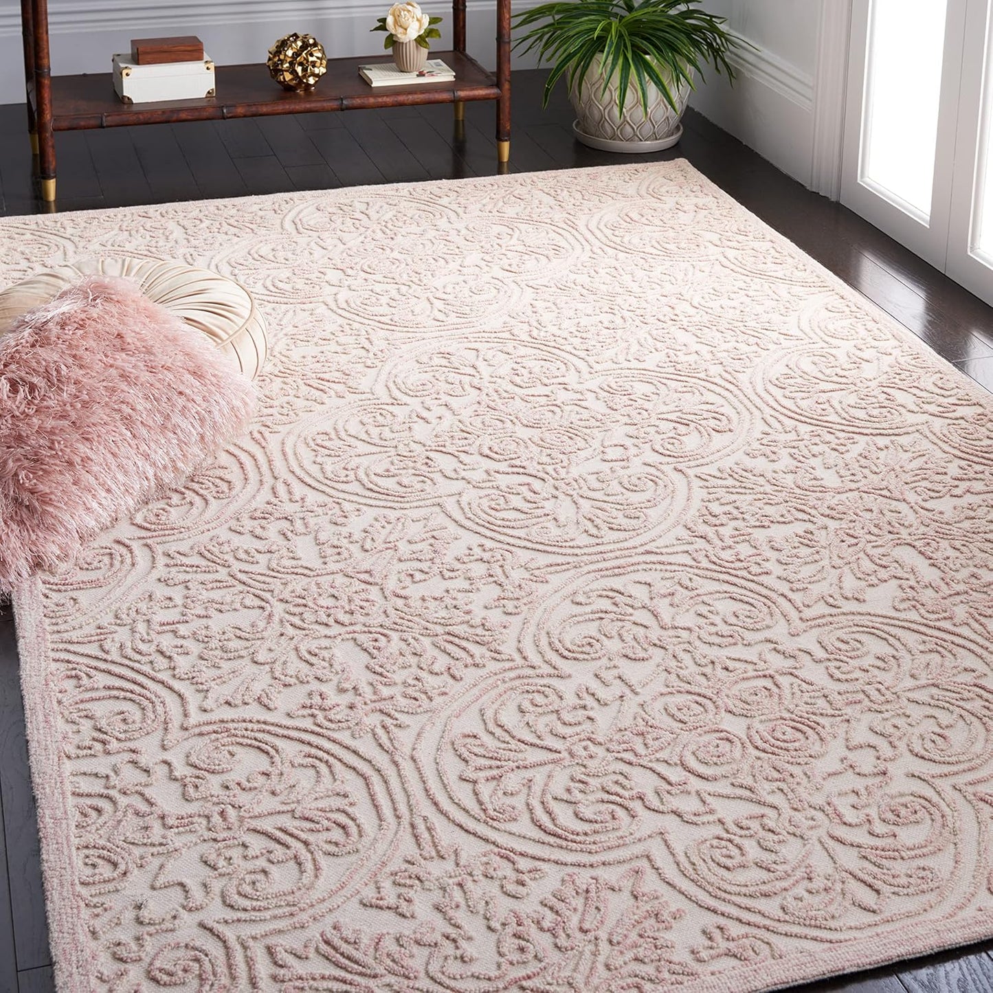 SAFAVIEH Trace Collection Area Rug - 5' x 8', Ivory & Pink, Handmade Wool, Ideal for High Traffic Areas in Living Room, Bedroom (TRC101U)