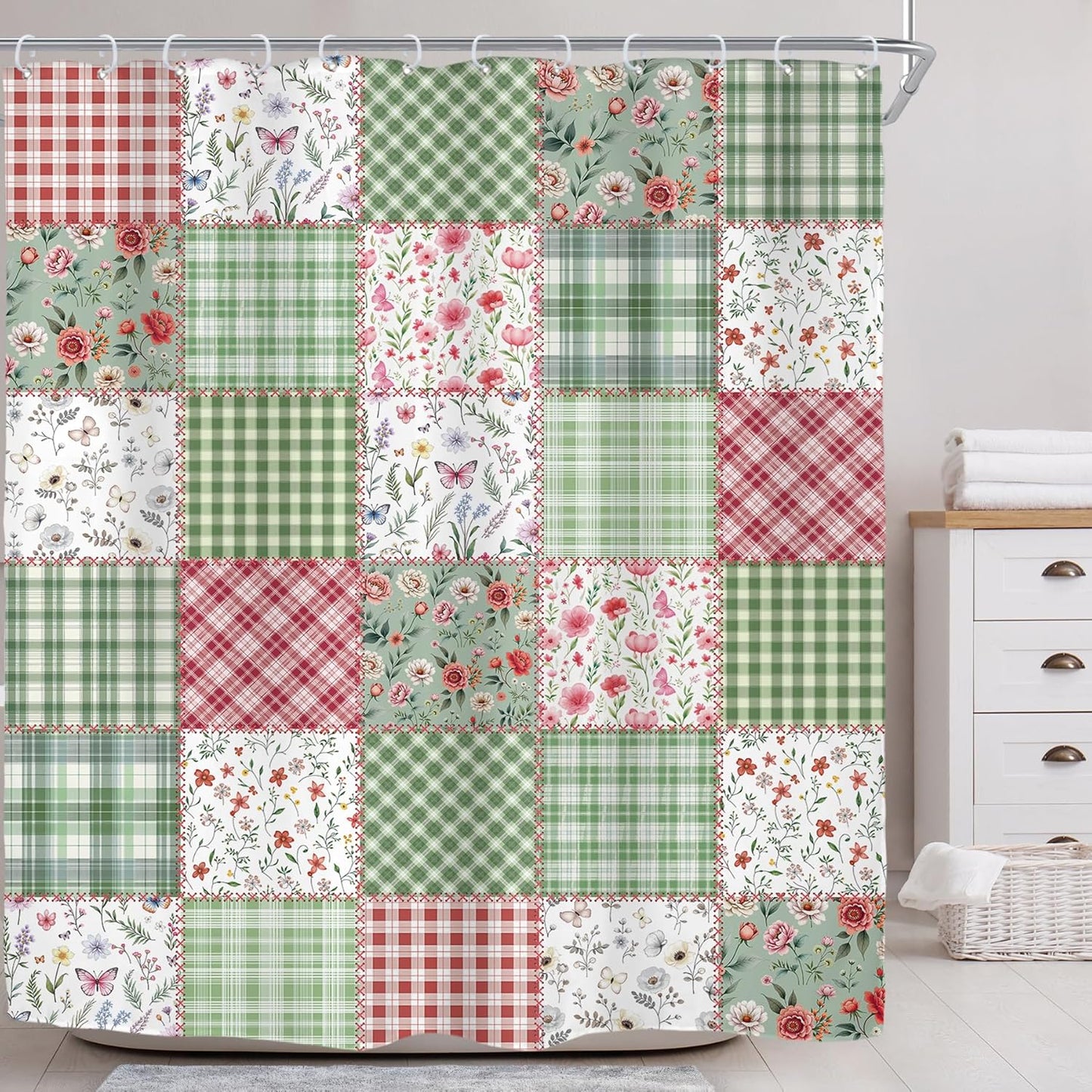 Riyidecor Long Cute Plaid Floral Shower Curtain for Bathroom Decor 72Wx78H Green Boho Flower Pink Retro Patchwork Wildflowers Checkered Art Printed Fabric Polyester Waterproof 12 Pack Plastic Hooks