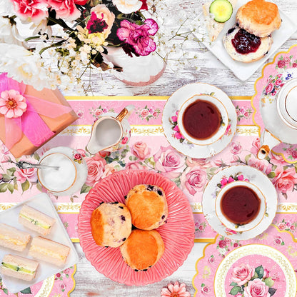6Pcs Pink Flower Table Runner Tea Party Decorations Disposable Plastic Table Runner for Summer Spring Birthday Wedding Holiday Kitchen Decoration,108x14In(Pink)
