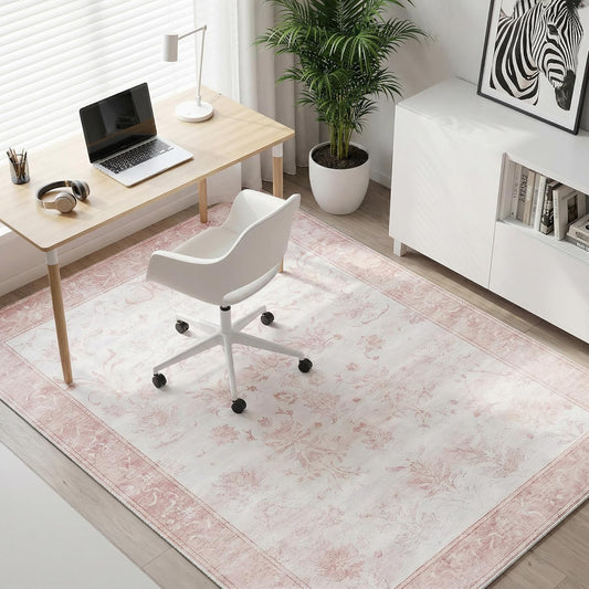 3'x5' Vintage Floral Nursery Rug - Ultra Soft Washable Area Rug for Baby Girl Room, 0.26" Low Pile Faux Wool Carpet for Bedroom Bedside - Non-Slip Silicone Backing, Pink & White