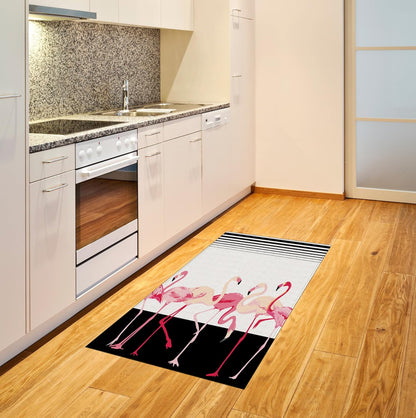 Lunarable Retro Area Rug, Flamingo Birds on Background Stripes Modern Cartoon Illustration Graphic, Flat Woven Accent Rug for Living Room Bedroom Dining Room, 2' 6" x 5', Black Pink Pale Peach