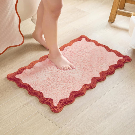 MONDAY MOOSE Bath Mat with Scalloped Wavy Ripple Design, Microfiber Absorbent Non Slip Tufted Rug for Floor, Shower or Kitchen (16x24 inch, Blush)