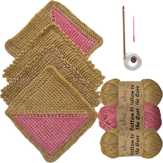 KnitPal Everyday Joy Tunisian Crochet Dishcloth Kit for Confident Beginners – Make 4 Reusable Dishcloths – Cotton Yarn, Tunisian Crochet Hook, 2 Patterns & Video Tutorials (Camel Brown+Flamingo Pink)