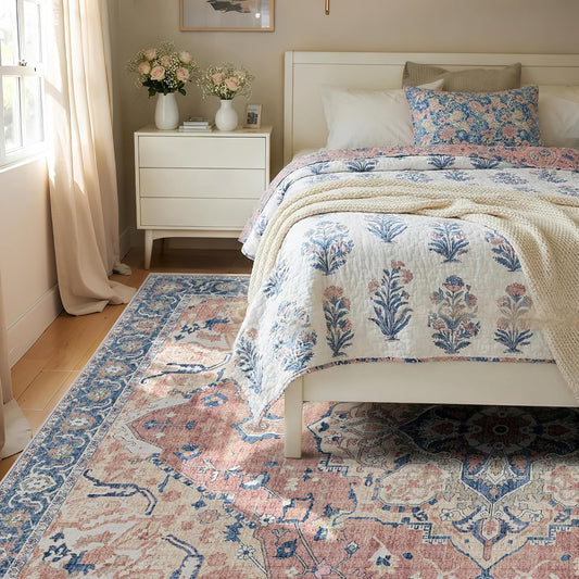 9x12 Blush Pink Washable Area Rug - Vintage Faux Wool BohoFarmhouse Rug for Nursery & Living Room - Machine Washable Non-Slip Carpet with TPE Backing, Bedroom Dining Room Decor, Pink Multi