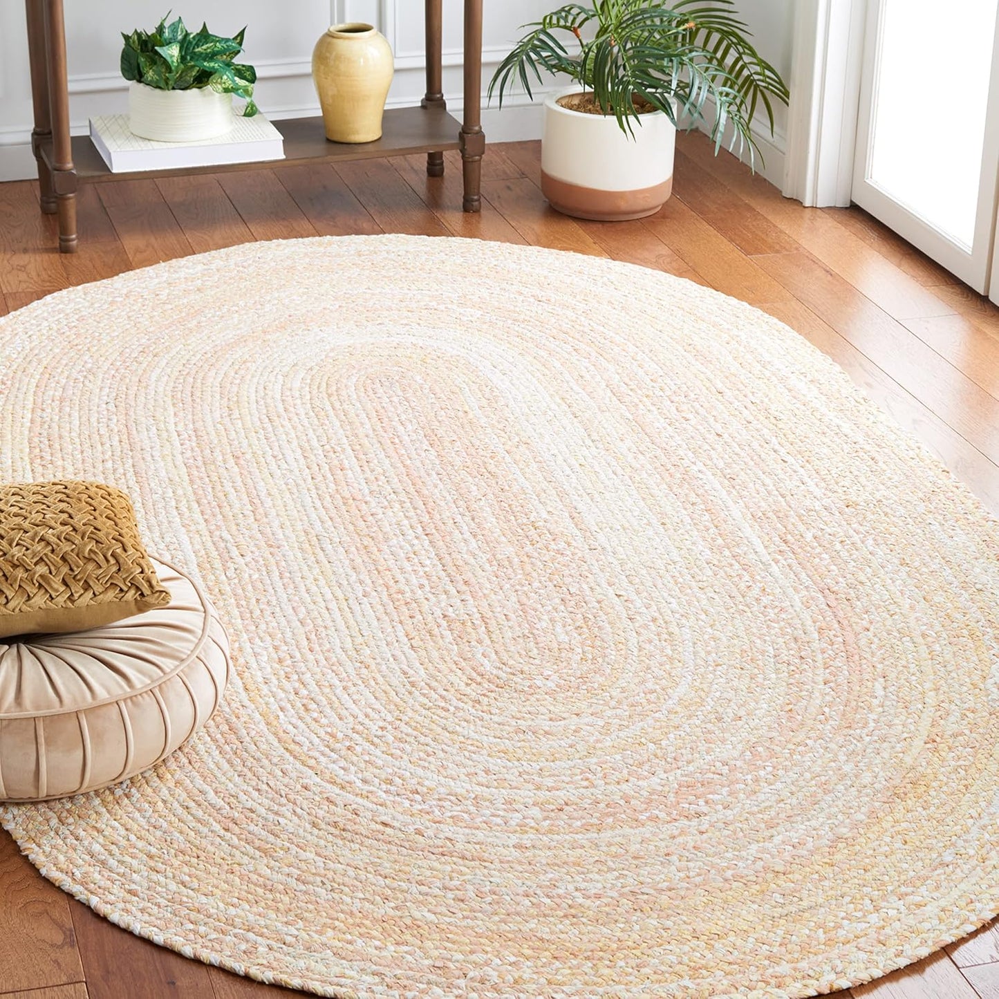 SAFAVIEH Braided Collection Area Rug - 3' x 5' Oval, Beige with Pink Accents, Handmade Cotton, Country Cottage Style, Reversible, Ideal for Areas in Entryway Living Room Bedroom Kitchen (BRD452B)