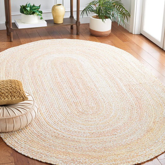 SAFAVIEH Braided Collection Area Rug - 3' x 5' Oval, Beige with Pink Accents, Handmade Cotton, Country Cottage Style, Reversible, Ideal for Areas in Entryway Living Room Bedroom Kitchen (BRD452B)