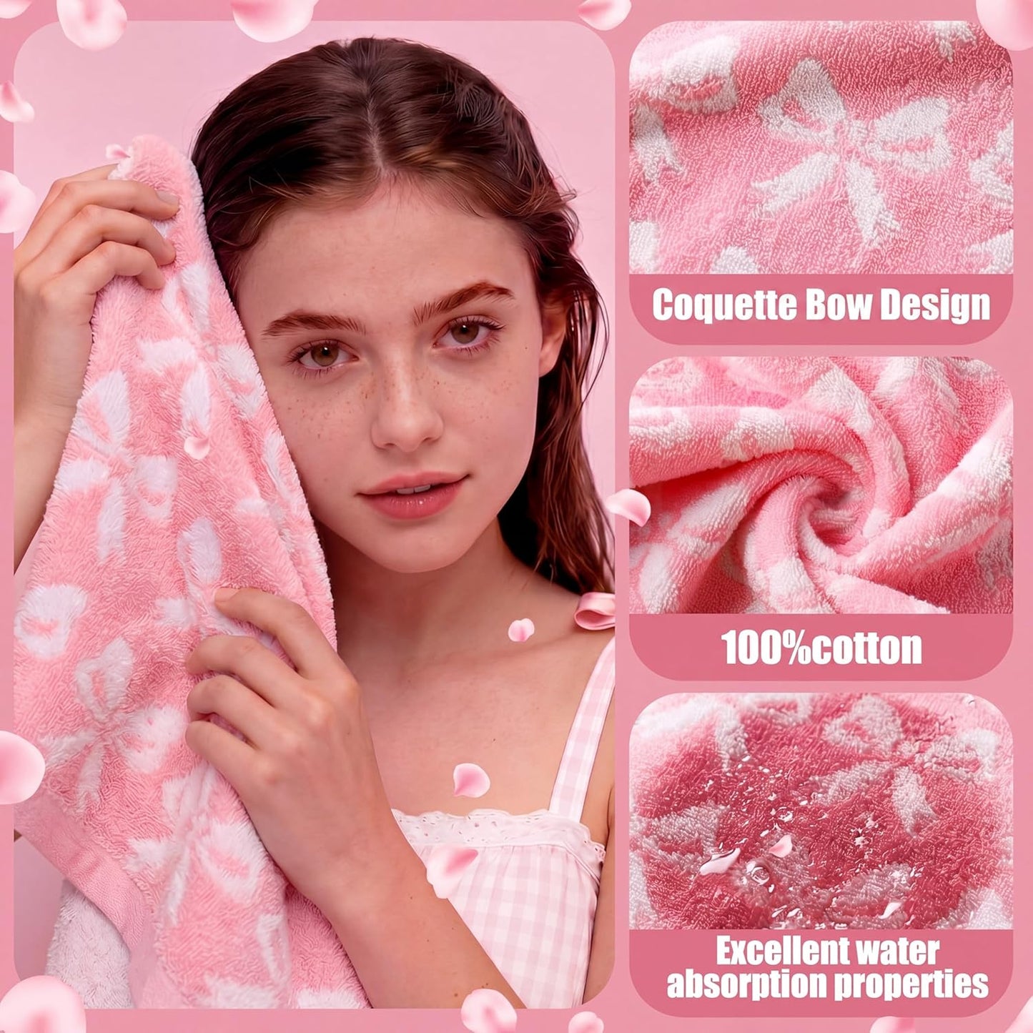 Mindsoft 2 Pcs Pink Bow Hand Towels 100% Cotton 13 x 29 Inch Soft Decorative Bathroom Towels Absorbent for Gym Spa Guest Room