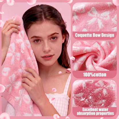 Mindsoft 2 Pcs Pink Bow Hand Towels 100% Cotton 13 x 29 Inch Soft Decorative Bathroom Towels Absorbent for Gym Spa Guest Room