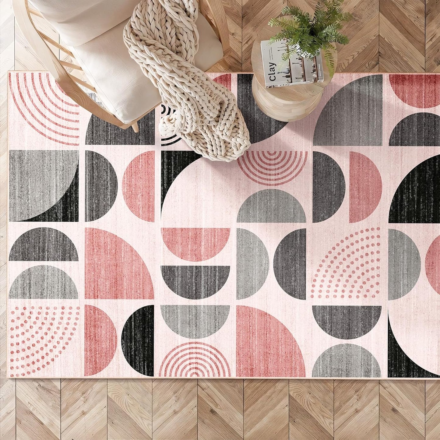 MUJOO Pink Rug Boho Washable,3x5 Area Rugs for Bedroom Entryway Living Room Bedside,Small Throw Floor Carpet Non Slip Soft Indoor Modern Abstract Pink and Grey