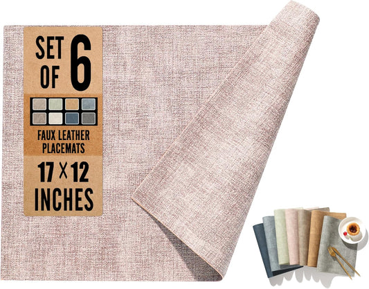 UnivoColors Faux Leather Placemat Set of 6,17" × 12" Double-Sided Design,Waterproof,Heat-Resistant,Easy to Clean,Perfect for Dining Table, Kitchen,and Party Decoration(Pink)