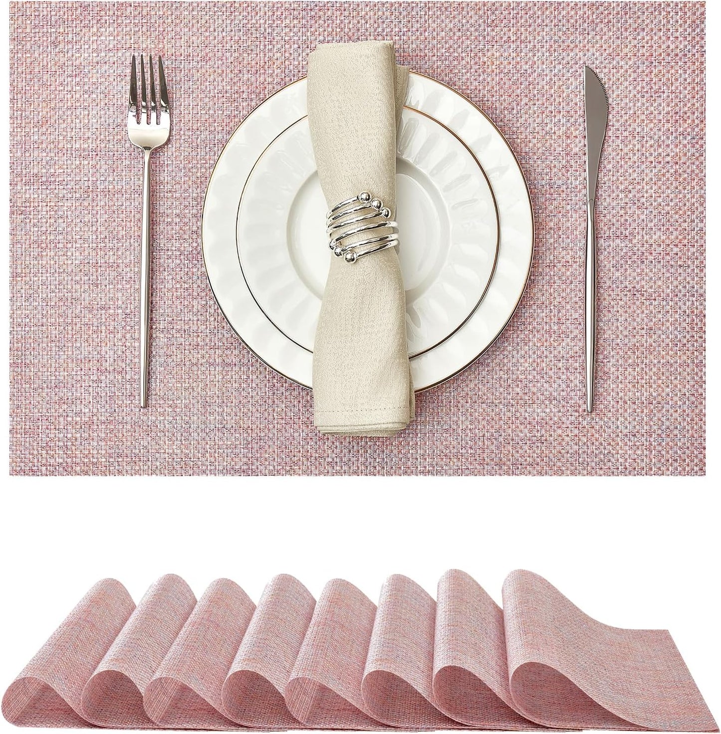 Leetaltree Sparkling Pink Iridescent Vinyl Woven Placemats, Set of 8, Waterproof Washable Dining Table Mats for Wedding, Anniversary, Daily Use & Decor